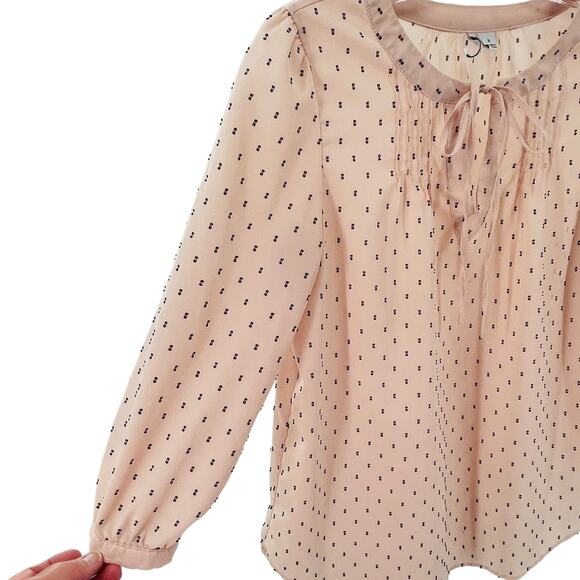 Elle Peach Whip Polka Dot Tie Neck Long Sleeve Sheer Chiffon Career Top Blouse S - Picture 5 of 10